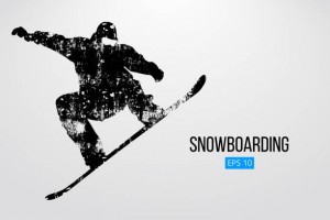 Silhouette of a snowboarder jumping isolated. Background and text on a separate layer, color can be changed in one click. Vector illustration